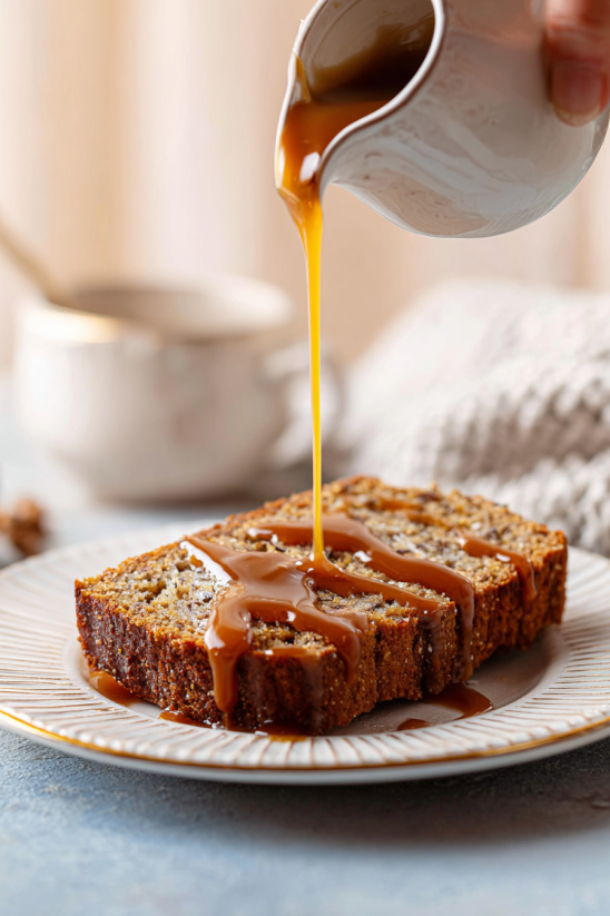 Ein Stück Banana Bread mit Salted Caramel Zutaten auf einem weißen Teller.