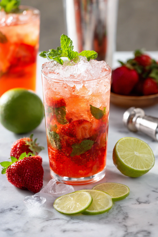 Ein Glas Strawberry Mojito Recipe mit Eis und Zitronen.