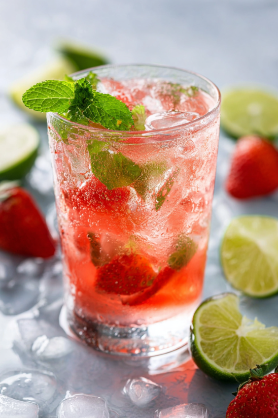Ein Glas Strawberry Mojito Recipe mit Strawbergen und Mint.