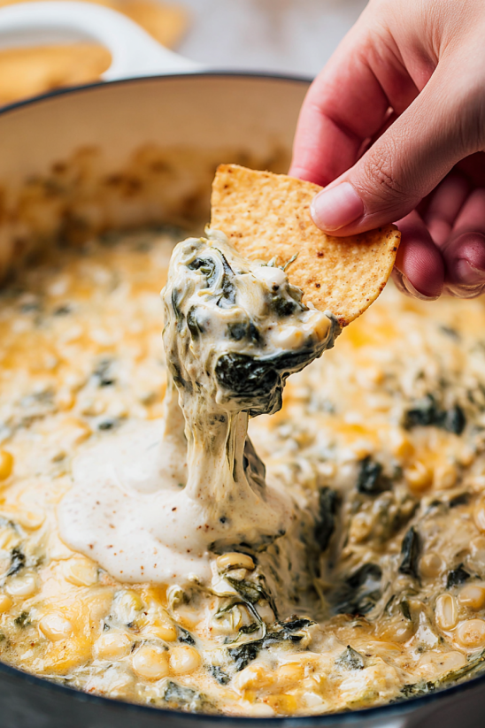 Ein Handrisselchen aus Rajas (Creamy Roasted Poblanos) wird aus einer Schüssel genommen.