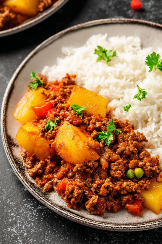 Ein Plate mit mexikanischem Picadillo, das aus Rice, Kartoffeln, Tomaten, Paprika und Zwiebeln besteht.