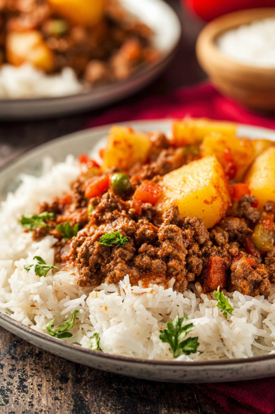 Ein mexikanisches Picadillo, das aus Rice, Kartoffeln, Tomaten, Paprika, Zwiebeln und Rindfleisch besteht.