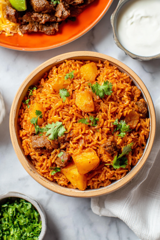 Ein mexikanisches Gericht aus Rice und Meat, garniert mit Zwiebeln.