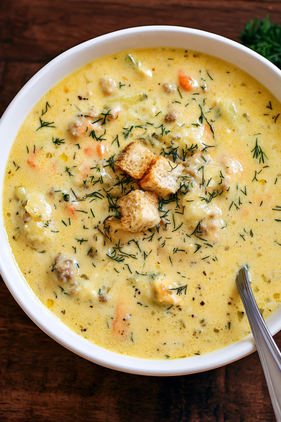 Ein weißer Crock Pot mit einer cremigen, kräftigen und kräftigen Cheeseburger Suppe, die mit Toastbrot und Zwiebeln garniert ist.