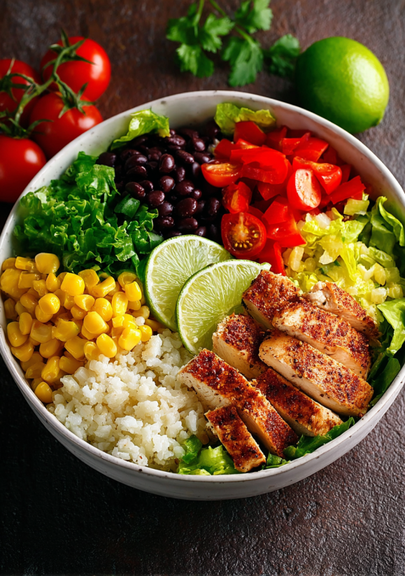 Ein Schüssel mit Chipotle Chicken Burrito Bowls, die mit verschiedenen Gemüse und Zutaten garniert sind.