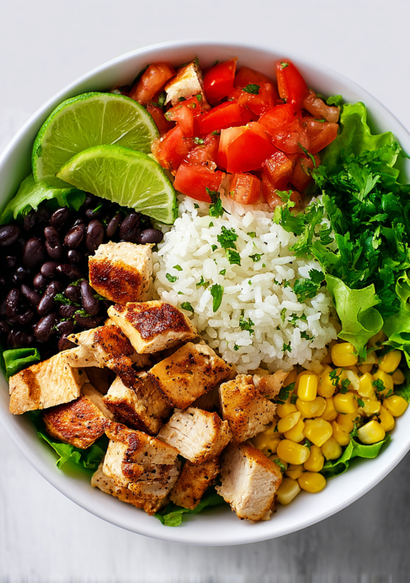 Ein Chipotle Chicken Burrito Bowls enthält eine Mischung aus Chicken, Rice, Tomaten, Beans, Kohlrabi, Lime und anderen Zutaten.