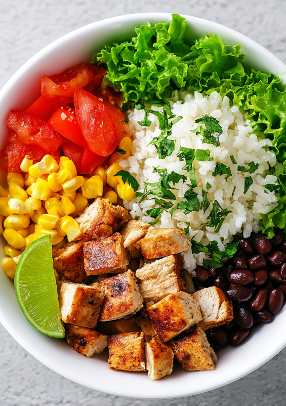 Ein Becher mit Chipotle Chicken Burrito Bowls, die mit Kartoffeln, Tomaten, Linsen, Rice und Beans garniert sind.