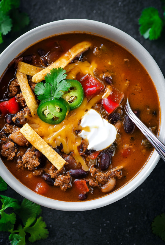 Ein Schälchen mit Taco Ranch Chili, das mit Tortillachips garniert ist.
