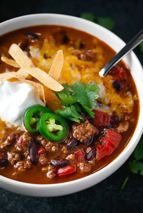 Ein Schälchen mit Taco Ranch Chili, das mit verschiedenen Zutaten zubereitet wurde, darunter Kartoffeln, Tomaten, Paprika, Knoblauch, Chilipulver, Gewürzen und Ranch-Dressing. Es ist garniert mit grünen Paprika, Tomaten und Koriander.