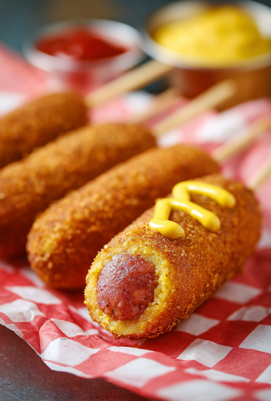 Ein Corn Dog mit Ketchup und Mayonnaise auf einer roten und weißen Tischdecke.