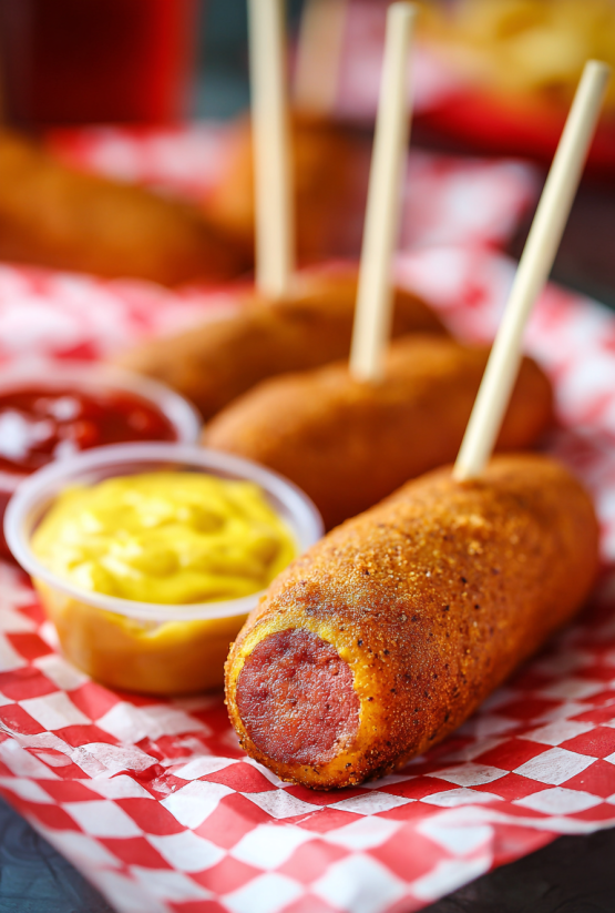 Ein Corn Dog mit Ketchup und Mayonnaise auf einer roten und weißen Platte.