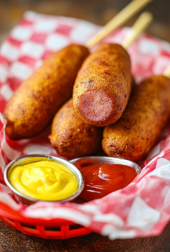 Ein Bündel von Homemade Corn Dogs auf einem Teller.
