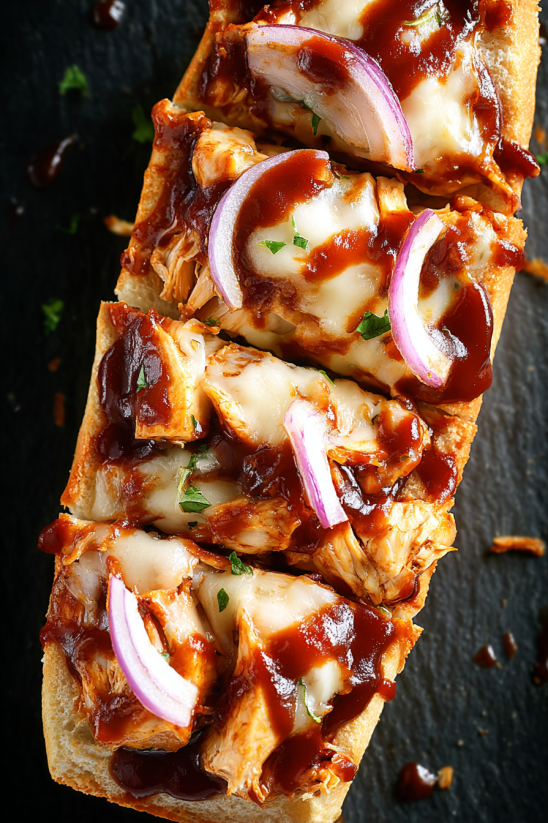 Eine Schicht aus BBQ Chicken auf einem French Bread Pizza.