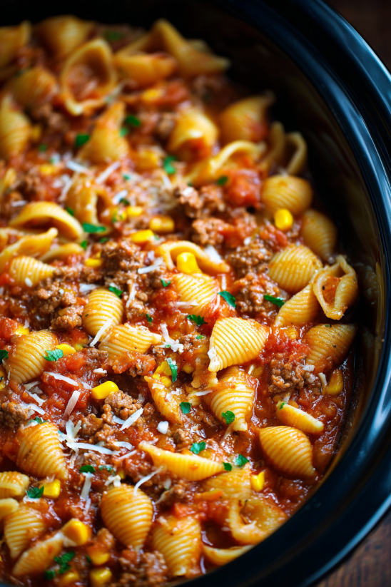 Ein Bild von einer Taco Pasta in einem Topf, die mit Kartoffeln, Zwiebeln und Rindfleisch zubereitet wurde.