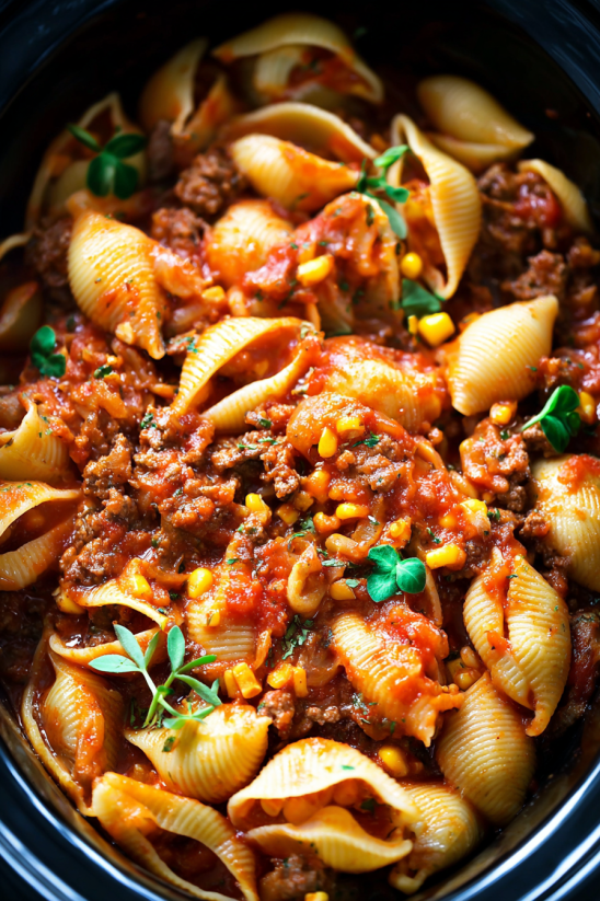 Ein Bild von einer Taco Pasta, die in einem Slow Cooker zubereitet wurde.