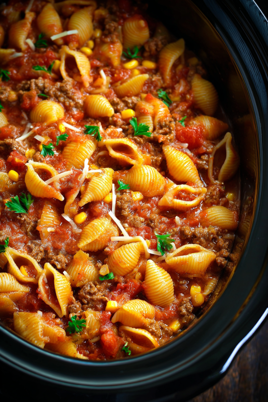 Ein Bild von einer Taco Pasta in einem Topf.