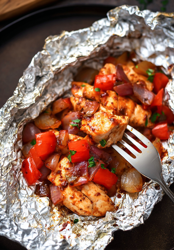Ein Foil Pack mit BBQ Chicken, Tomaten, Zwiebeln und Paprika.