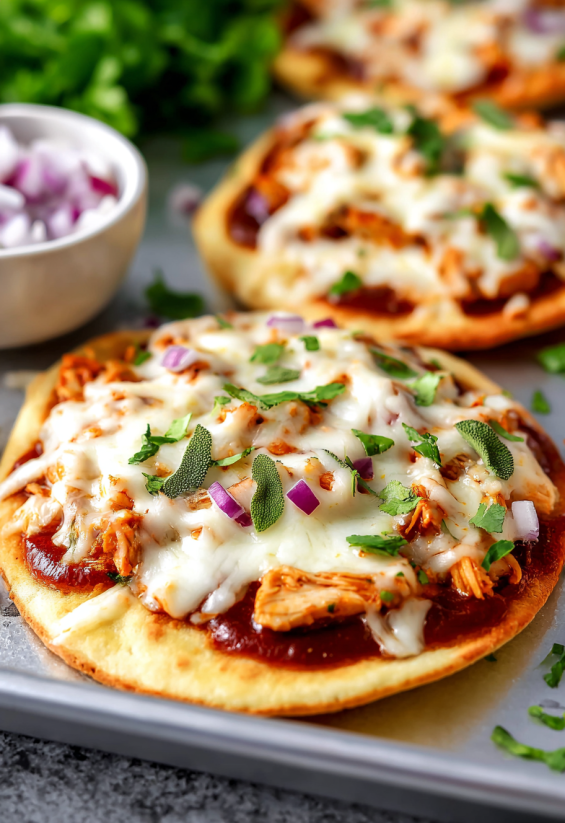 Ein BBQ Chicken Flatbread Pizza auf einem Teller.