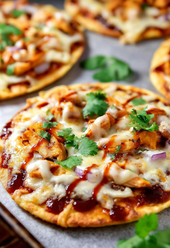 Ein BBQ Chicken Flatbread Pizza mit viel Sauce und Zwiebeln.