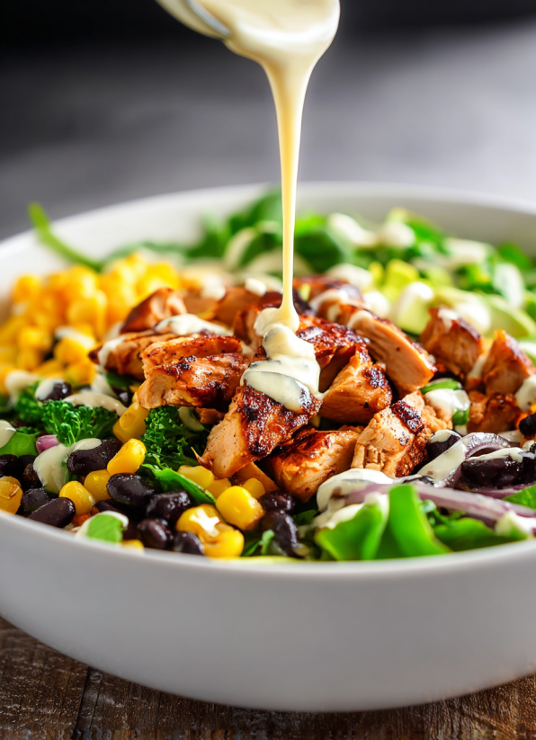 Ein wei&szlig;er Teller mit BBQ Chicken Salat, der mit Mayonnaise und Zwiebeln garniert ist.