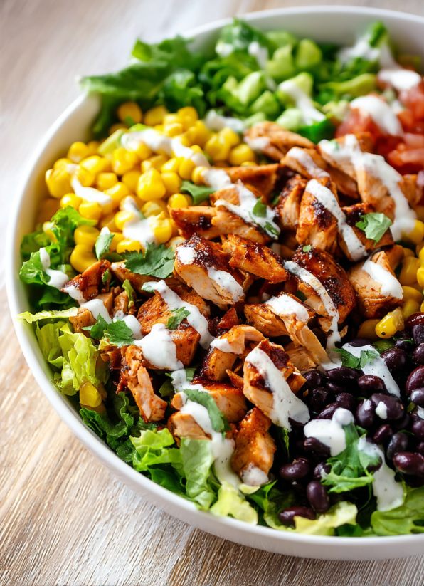 Ein wei&szlig;er Becher mit BBQ Chicken Salat, der aus Chicken, Kartoffeln, Tomaten, Avocado und Lettuce besteht.