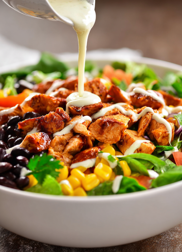 Ein weißer Teller mit BBQ Chicken Salat, der mit Mayonnaise und Koriander garniert ist.