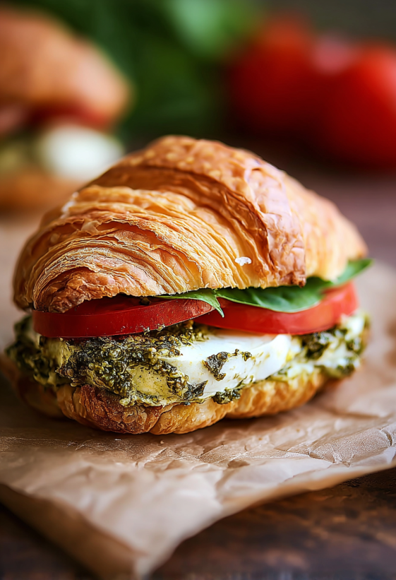 Ein Pesto Chicken Croissant mit Tomaten und Spinat.