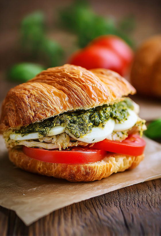 Ein Sandwich mit Pesto Chicken und Tomaten auf einem Teller.
