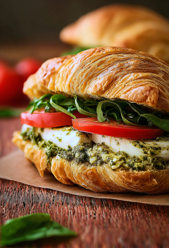 Ein Sandwich mit Pesto Chicken Croissants auf einem Tisch.