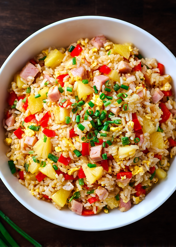 Ein weißer Teller mit einer Mischung aus Reis, Ham, Pineapple und Papaya.
