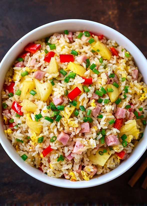 Ein weißer Becher mit einer Mischung aus Reis, Ham, Pineapple und Paprika.