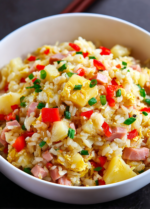 Ein weißer Becher mit einer Mischung aus Reis, Kartoffeln, Ham und Zwiebeln.