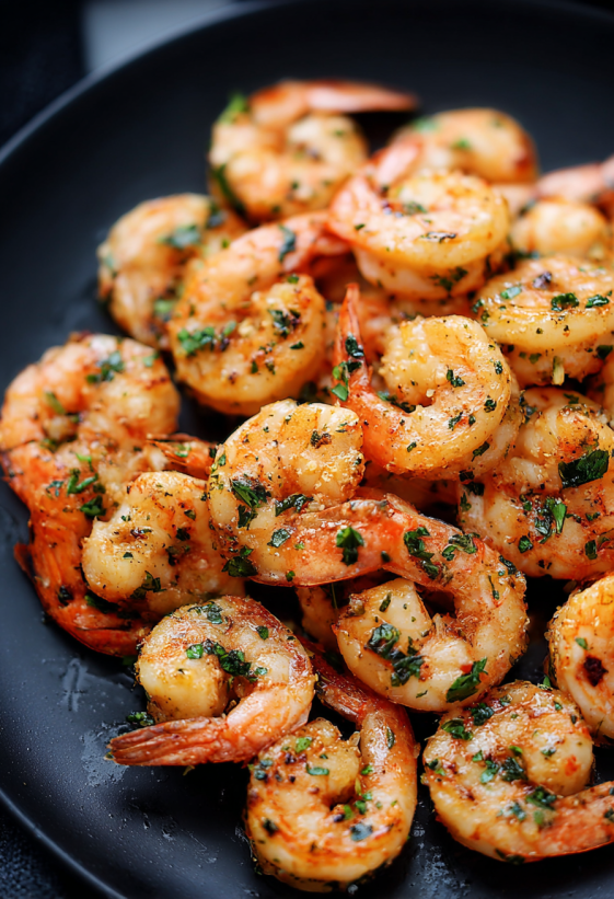 Eine Schüssel mit frisch zubereiteten Garlic Herb Shrimp, die in verschiedenen Größen und Formen vorliegen.