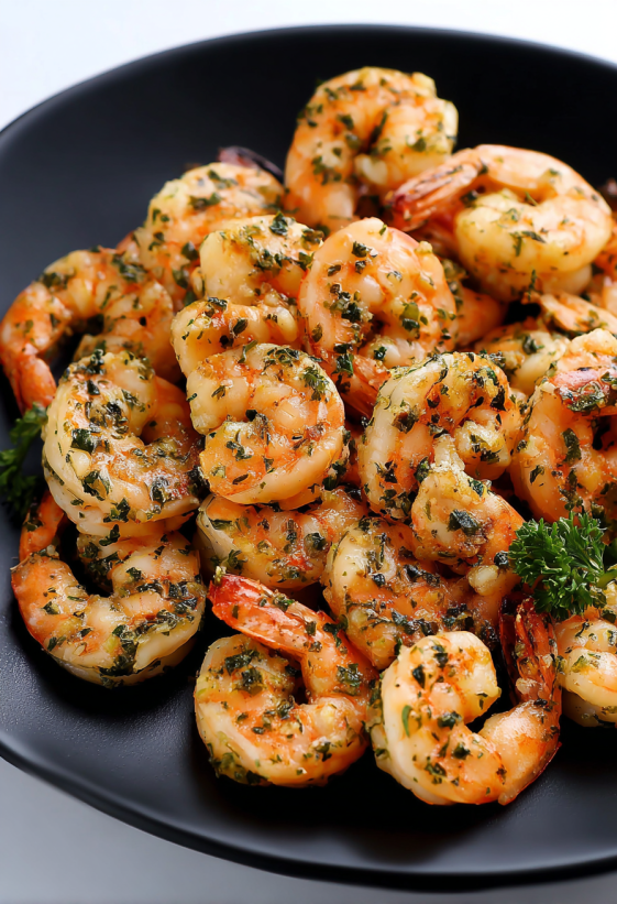 Eine Platte mit frisch zubereiteten Garnelen, die mit Knoblauch und Kräutern garniert sind.