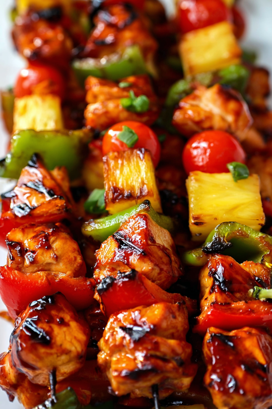 Eine Schüssel mit Sweet BBQ Chicken Kebabs, die aus verschiedenen Zutaten wie Zwiebeln, Tomaten, Paprika, Pineapple und mehr bestehen.
