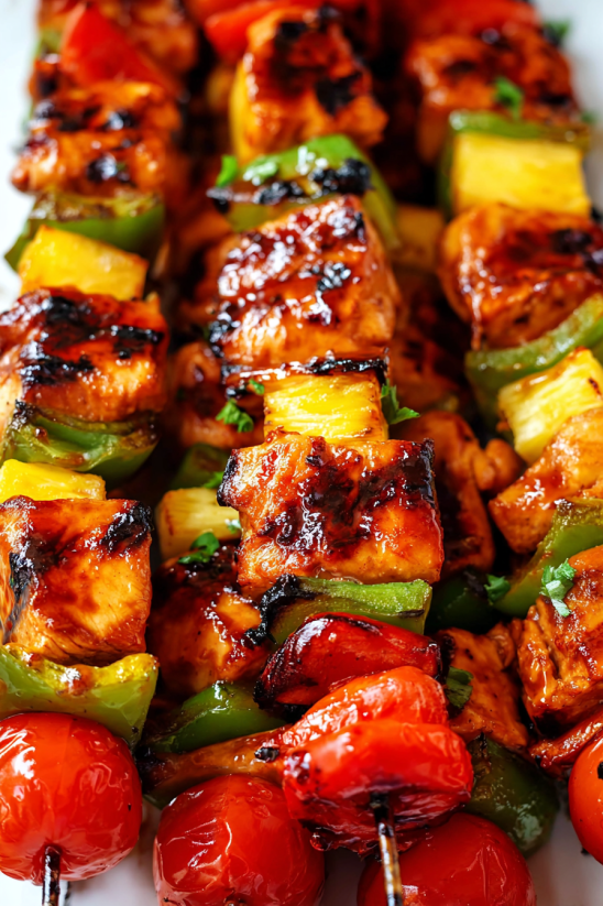 Sweet BBQ Chicken Kebabs mit Zwiebeln, Paprika und Pimenton.