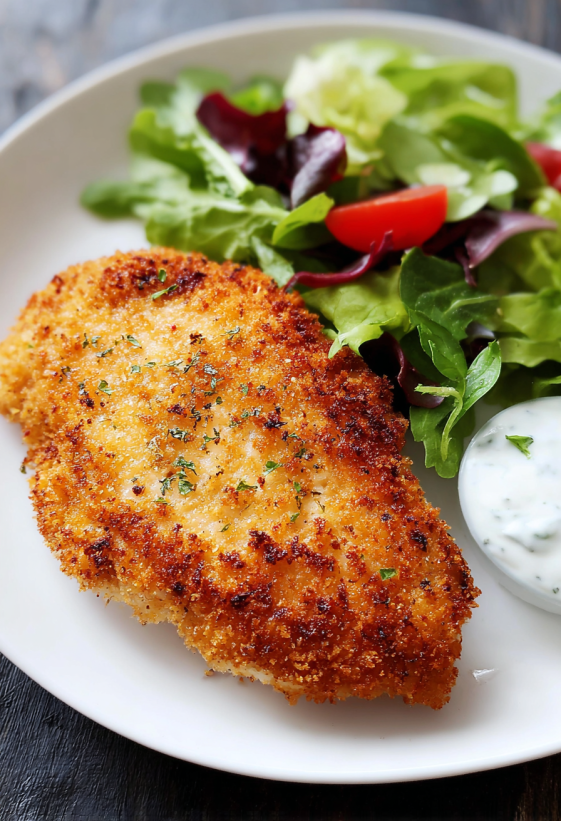 Ein Stück Air Fryer Ranch Chicken auf einem weißen Teller, umgeben von einer Salatgarnitur, die aus Tomaten, Lettuce und Spinat besteht.