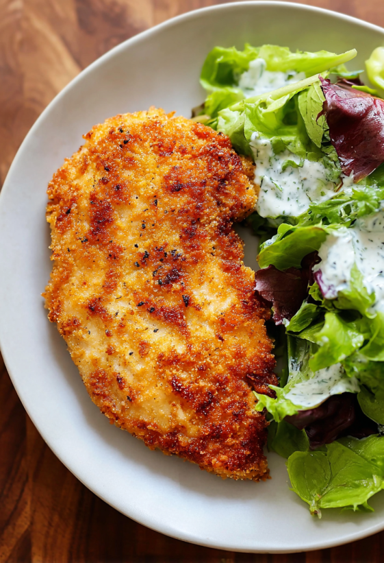 Ein Stück Ranch Chicken auf einem weißen Plate, das mit Salat garniert ist.