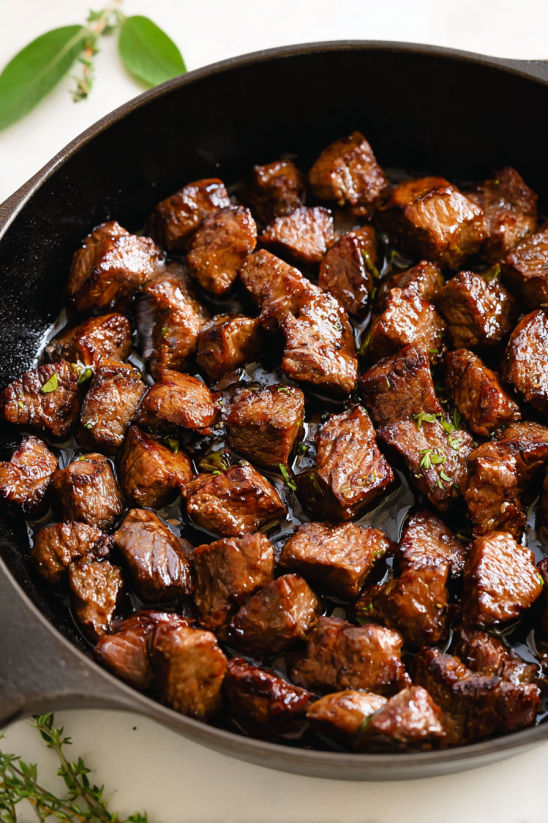 Ein Topf mit Steak Bites, die in Garlic Butter getaucht sind.