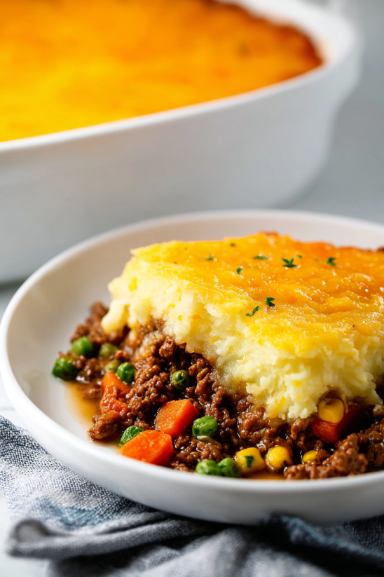 Ein weißer Teller mit einem Shepherd's Pie (Cottage Pie) darauf.