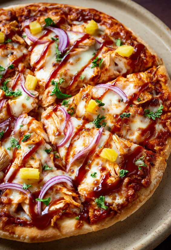 Eine Pizza mit Hawaiian BBQ Chicken als Zutaten.