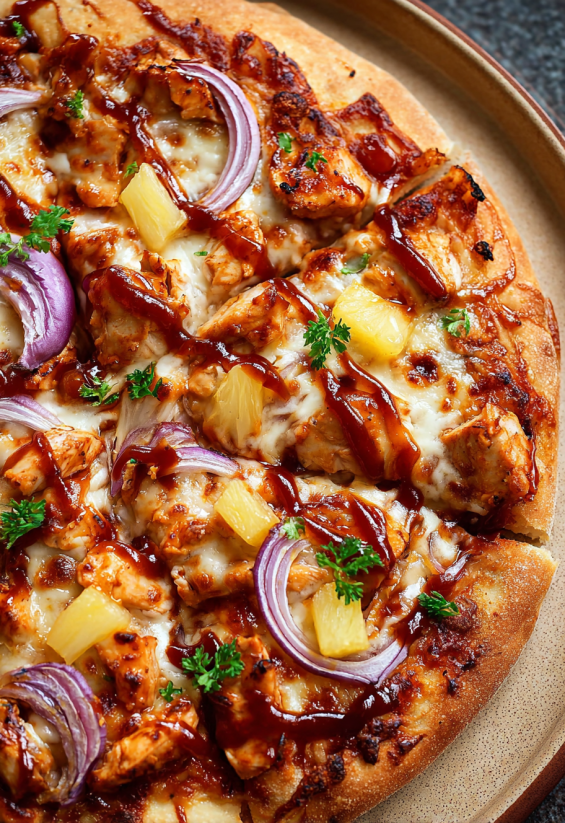 Eine Pizza mit Hawaiian BBQ Chicken, die mit Pineapple, Onions und Zwiebeln garniert ist.
