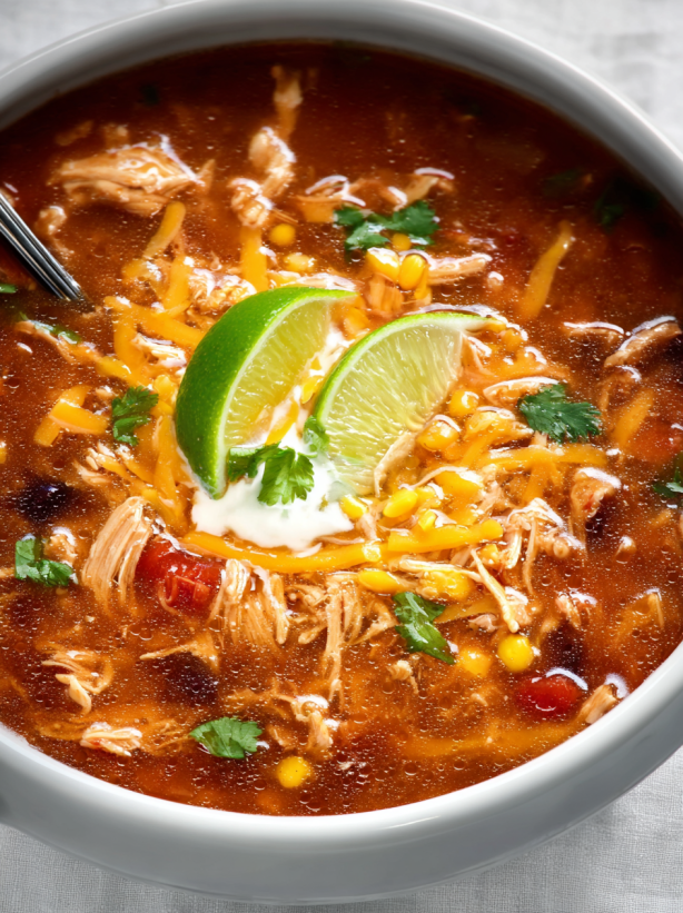 Ein Schalen mit Slow Cooker Chicken Taco Soup, der mit Lime und Koriander garniert ist.