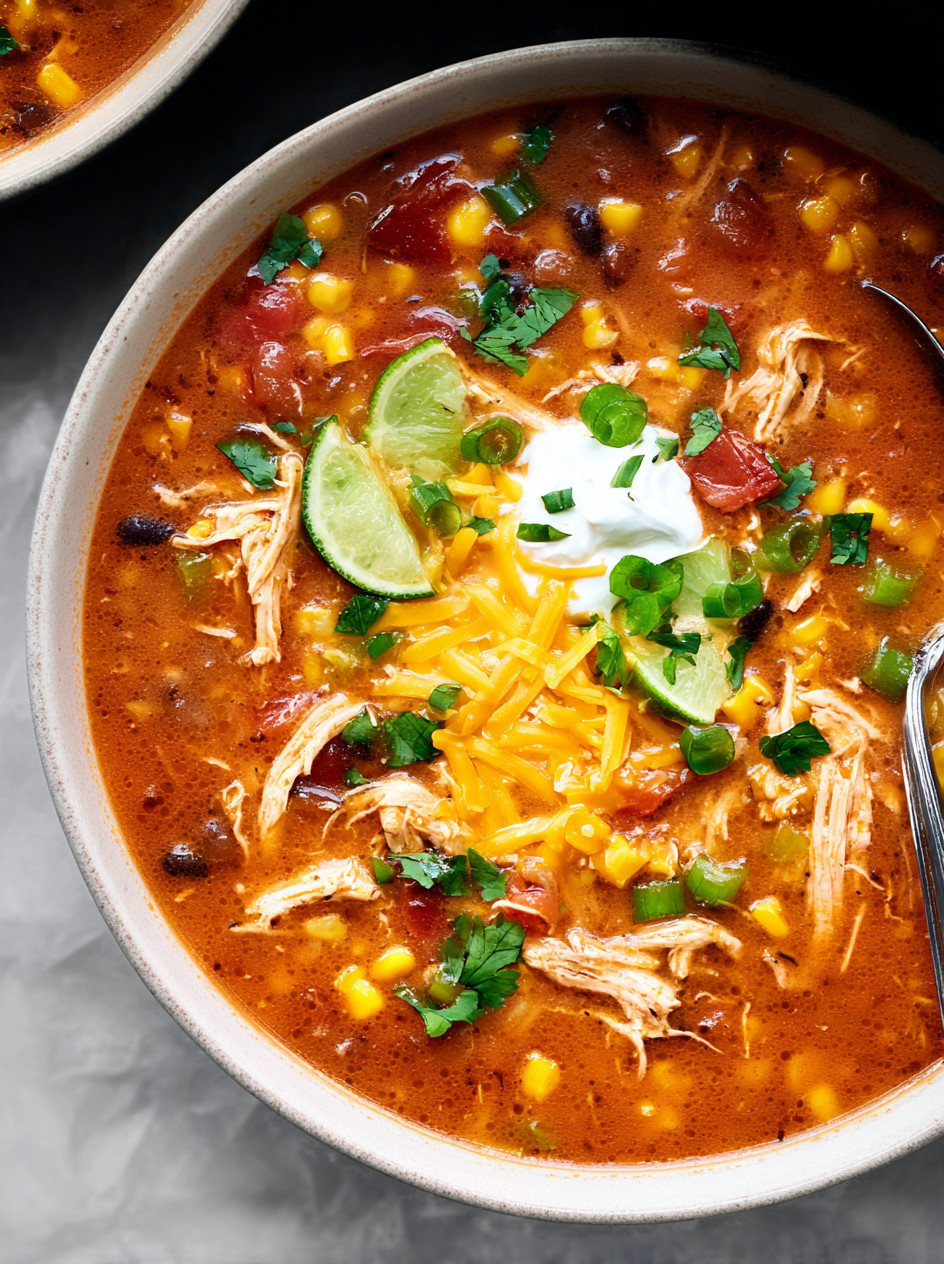 Ein Topf mit Slow Cooker Chicken Taco Soup, der mit verschiedenen Zutaten wie Kartoffeln, Koriander, Tomaten, Paprika, Zwiebeln und Chilischoten gefüllt ist.