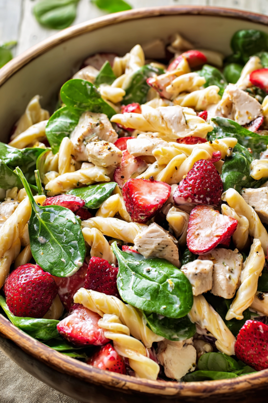 Ein Bild von einer Strawberry Chicken and Spinach Pasta Salad, die in einem Becher oder einem Basket serviert wird. Es enthält reife Strawbergen, Spinach, Pasta und Chicken, die in einem Mischmasch aus Geschmäcker und Farben vermischt sind.