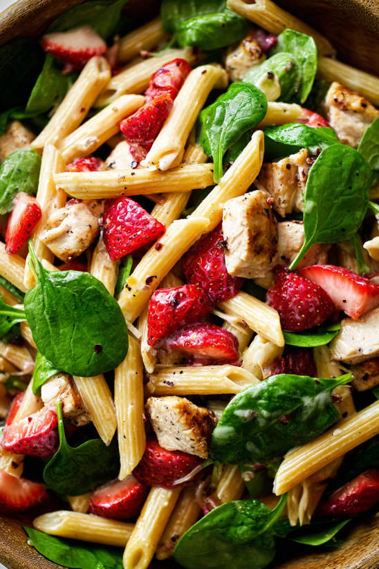 Ein Bild von einer Strawberry Chicken and Spinach Pasta Salad, die mit Pasta, Strawberries, Spinach und Chicken zubereitet wurde.
