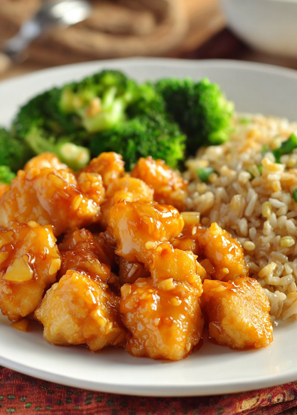 Ein Plate mit Baked Sweet and Sour Chicken und Fried Rice.