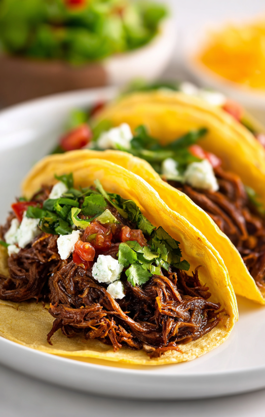 Ein Crock Pot Shredded Beef Taco mit gr&uuml;nen Zutaten wie Tomaten und Basilikum.