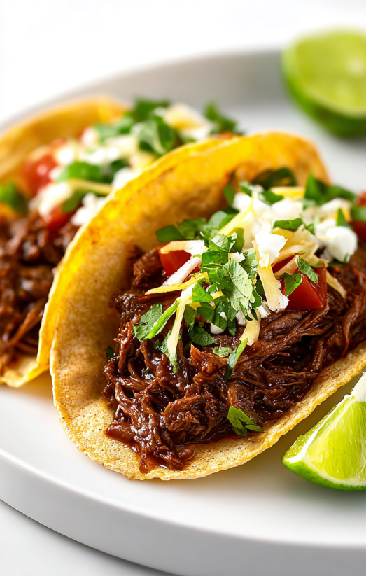 Ein Bild von zwei Crock Pot Shredded Beef Tacos auf einem weißen Teller.