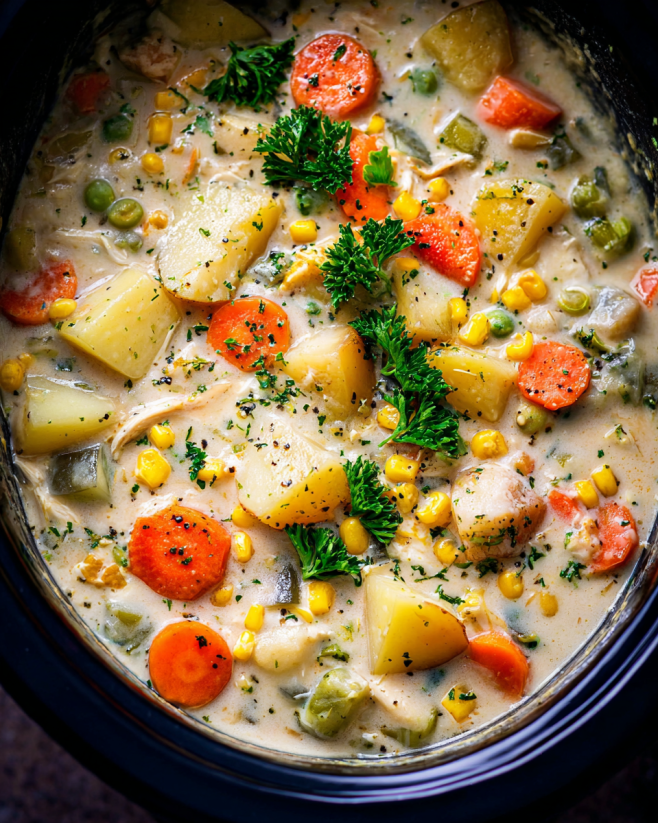 Ein Bild von einer Suppe in einem Topf, die aus Kartoffeln, Karotten, Kohl und Kürbis besteht.